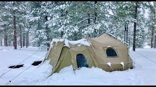 Wood Stove Winter Camp Snow Stacking Up FAST Day 1 of Arctic Blast Last Snowstorm of 2021 [upl. by Sivet]