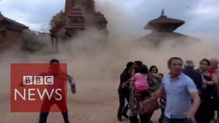 Nepal earthquake Video shows terrified tourists as the temple collapses  BBC News [upl. by Icyak]