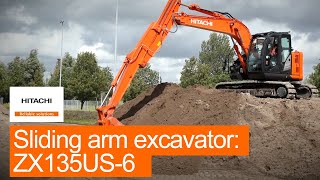 Hitachi ZX135US6 sliding arm excavator WALKAROUND [upl. by Ellerret365]