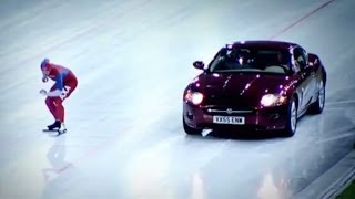 Speed Skater Vs Jaguar XK on Ice  Top Gear Winter Olympics [upl. by Euqinomahs]