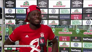 Alphonso Davies brilliant reaction when told he broke Bundesliga speed record  3651kmh [upl. by Eppes]