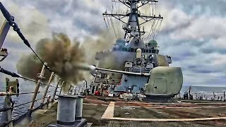 US Navy Destroyer Fires Its Weapons [upl. by Laehplar765]